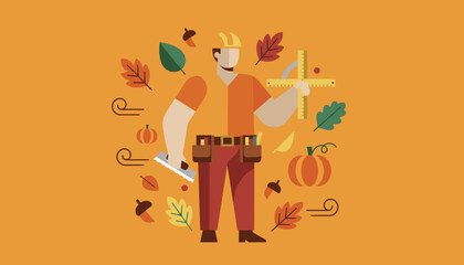 Autumn construction worker with tools leaves and pumpkins Seasonal labor or home improvement concept graphic