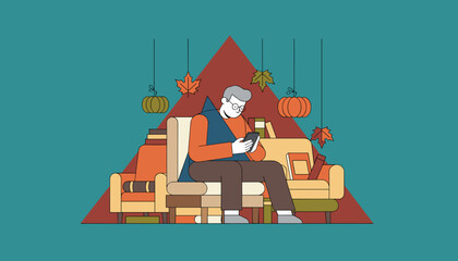 Cozy autumn leisure Man using smartphone in armchair surrounded by books and fall decorations