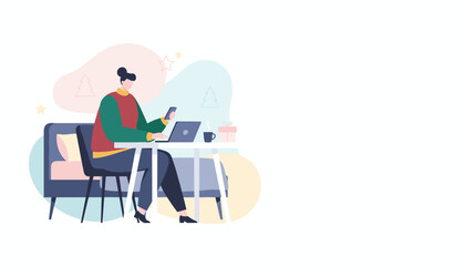 Professional works remotely on a laptop during the winter holidays multitasking with a phone