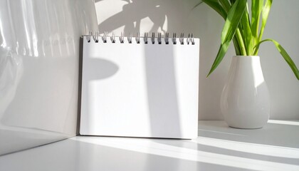 Blank Notebook with Plant Shadows in Bright Sunlight, Perfect for Mockups and Creative Designs