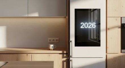 Smart Kitchen 2026: Modern Refrigerator with Digital Screen Displaying the Year