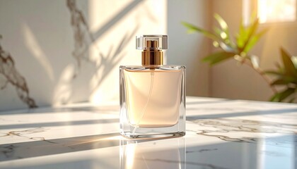 A sophisticated fragrance bottle basks in warm morning sunlight, casting shadows on a white marble table for a luxury cosmetic still life