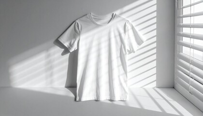 Clean white t-shirt with shadow casting from blinds, studio shot, minimal fashion photography