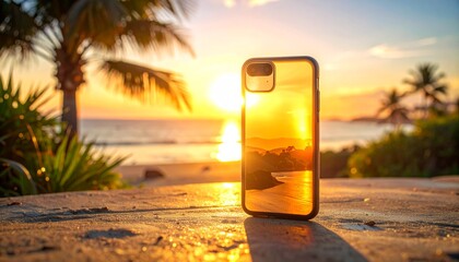 A smartphone on a tropical beach reflects the golden sunset, blending modern technology with natural paradise