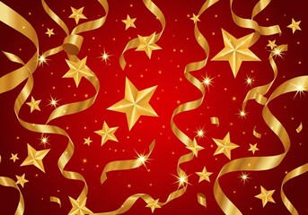 A festive scene featuring golden stars and ribbons against a vibrant red background. The composition conveys a celebratory atmosphere.