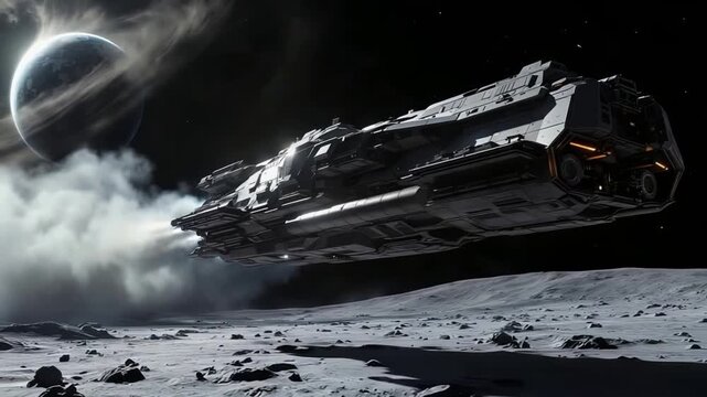 Cargo vessel touches down on cratered moon surface amidst debris