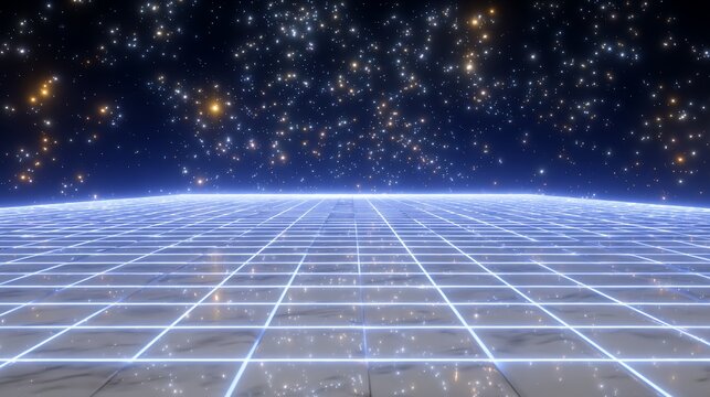Futuristic landscape with illuminated grid floor against a starlit sky backdrop