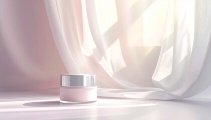 Elegant cosmetic product display featuring a pink cream jar on a sunlit surface against a backdrop of soft, flowing white fabric