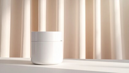 Serene skincare product mockup of a white unbranded jar sitting on a podium in natural light with a pleated curtain backdrop