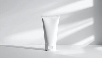 White plastic tube for cosmetics like cream or lotion. Blank product mockup for branding against a white background with aesthetic shadows from sunlight