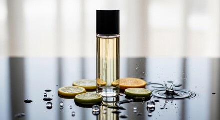 Minimalist perfume bottle standing on a glossy surface with splashes of water and citrus slices around it