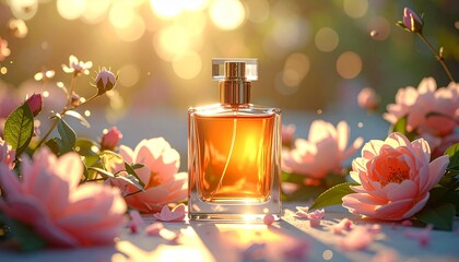 Luxury Perfume Bottle Surrounded by Delicate Pink Flowers in Golden Sunlight