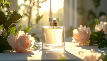 Elegant Perfume Bottle Surrounded by Roses A Luxurious Floral Fragrance Composition