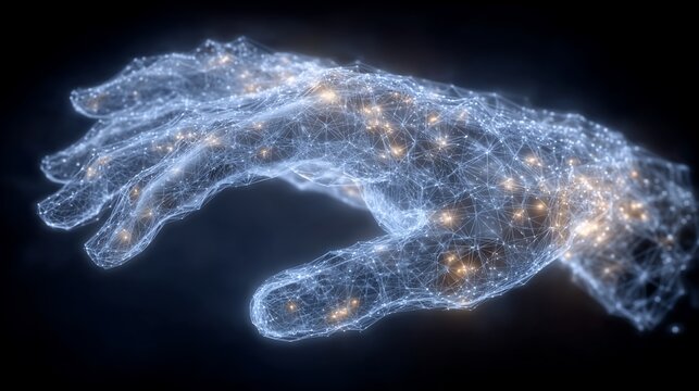 Futuristic technology hand concept with glowing nodes representing data connection