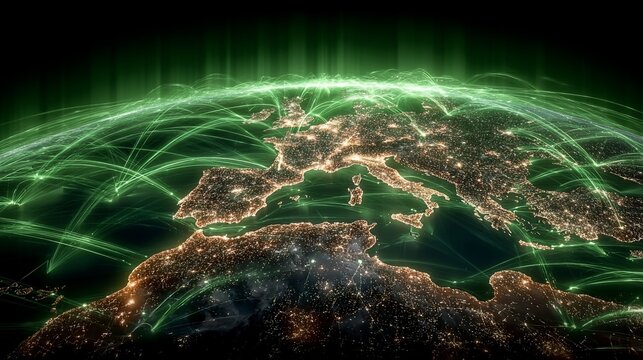 Global Communication Network Connectivity Across Europe and Africa Visualization