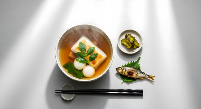 モダンな新年の朝食：お雑煮と焼き魚のシンプル和食テーブルトップ