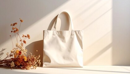 Minimalist beige tote bag with dried flowers casting shadows, perfect for lifestyle and everyday use