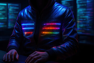 Fototapeta premium Cyberpunk style person wearing illuminated jacket with colorful LED lights in dark room with computer screens, creating mysterious and futuristic atmosphere