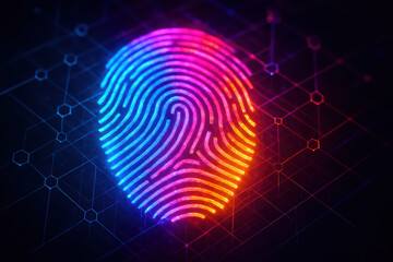 Holographic fingerprint scan with vibrant neon colors glowing on dark digital background, symbolizing biometric security and futuristic technology innovation