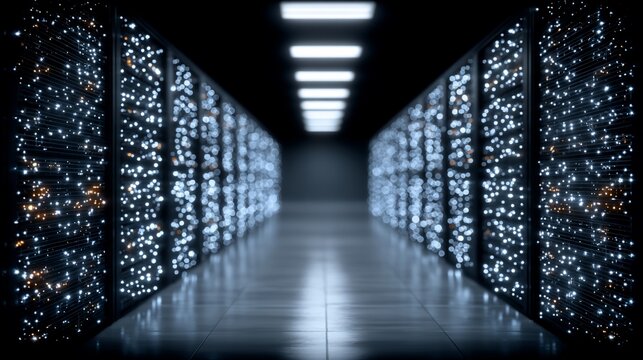 Illuminated server room with endless rows of digital data storage and processing units for internet