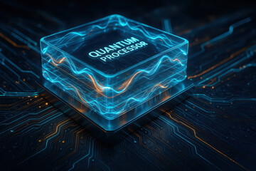 Quantum processor glowing blue chip with electric wave pattern on circuit board, futuristic technology concept with digital energy flow and advanced computing innovation