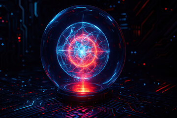 Fototapeta premium Holographic energy core glowing with blue and red electric light inside transparent sphere on futuristic circuit board, emitting vibrant power and advanced technology energy