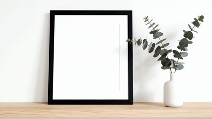 Minimalist Black Frame with Eucalyptus Branch on Wooden Shelf. - Powered by Adobe
