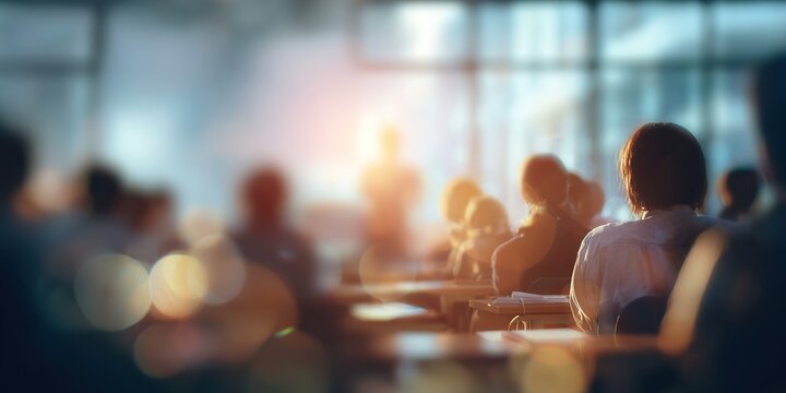 A classroom seminar depicted in a blurred, soft-lit image, with abstract lighting and background details emphasizing the learning environment. High quality