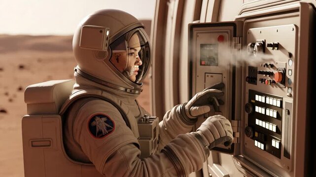 Technician inspecting spacecraft panel under dusty planetary horizon