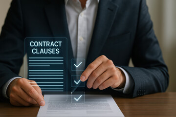 Contract clauses document business legal agreement concept with businessman checking checklist on paper, professional suit, office background, close up hands