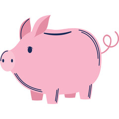 Pink Piggy Bank With Dark Blue Outline and Swirly Tail on Transparent Background Simple Illustration