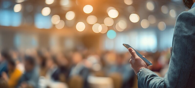 businessman using the mobile phone, blurred of conference hall or seminar room with attendee background. business or education concept. High quality