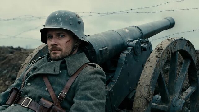 Quiet moment shared by weary artillery operator in muddy field