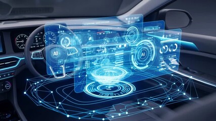A futuristic car interior featuring a 3D holographic interface displaying AI data and diagnostics. Visualizes autonomous and smart vehicle technology. - Powered by Adobe