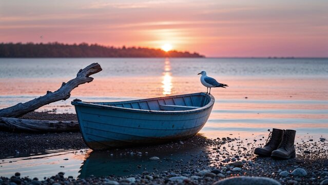 Silent Blue Boat at Sunset