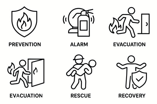 Fire safety icons depicting prevention alarm evacuation rescue and recovery processes - Powered by Adobe