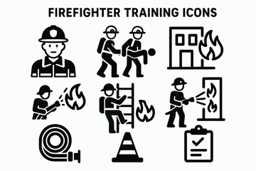 Collection of firefighter training icons depicting various rescue and safety scenarios