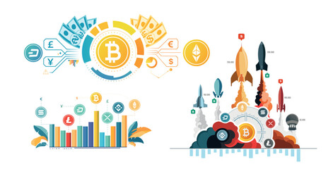 Flat vector illustration of crypto charts and graphs in the background