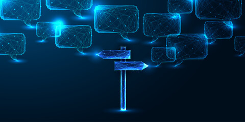 AI decision making and ethical direction concept with glowing signpost and chatbot speech bubbles