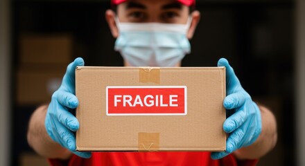 A delivery person in a mask and gloves holds a fragile package