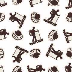Christian pilgrim backpaker hand drawn seamless vector pattern. Religious home decor pilgrimage shell motif for scrapbooking paper. All over print for sunday school illustration. 