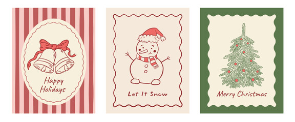 Set of vintage Christmas greeting cards with bells, snowman, and Xmas tree vector illustration. Winter holiday postcard, poster. background