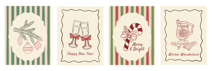 Set of vintage Christmas postcards featuring ornaments, champagne glasses, candy cane, and mulled wine illustration.