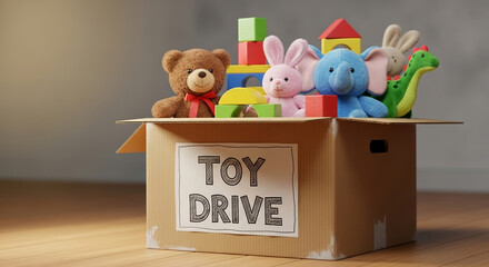 Donation Box Filled with Toys for Charity Drive, Colorful Playful Scene for Community Awareness, Fundraising Initiatives, and Holiday Campaigns