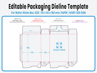 Editable packaging dieline template for wafer roll box. Real dimensions with cutting, creasing, and bleed guides. Ready-to-use vector file for printing and production setup.