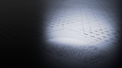 3d rendered image of a finger print on a futuristic circuit board.