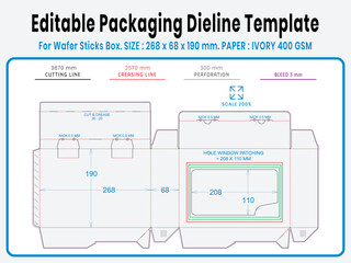 Editable packaging dieline template for wafer roll box. Real dimensions with cutting, creasing, and bleed guides. Ready-to-use vector file for printing and production setup.