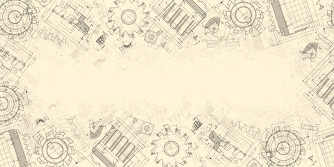 Mechanical engineering drawings on sepia background. Cutting tools, milling cutter. Technical Design. Cover. Blueprint. Horizontal seamless pattern. Vector illustration.