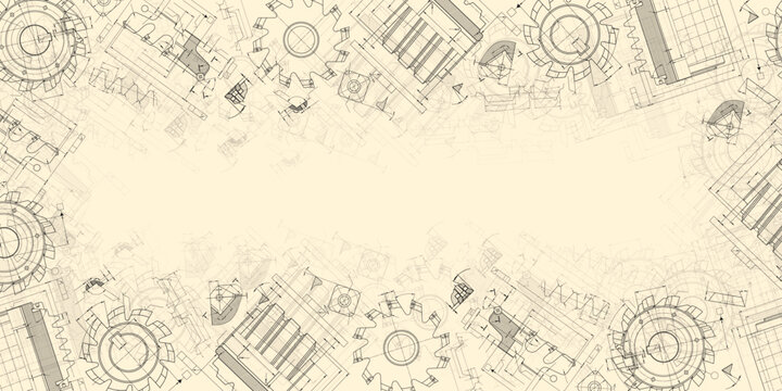 Mechanical engineering drawings on sepia background. Cutting tools, milling cutter. Technical Design. Cover. Blueprint. Horizontal seamless pattern. Vector illustration.