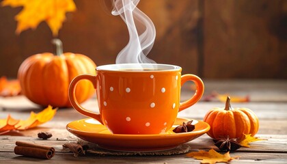 Coffee mug with polka dots and cinnamon steam rising.